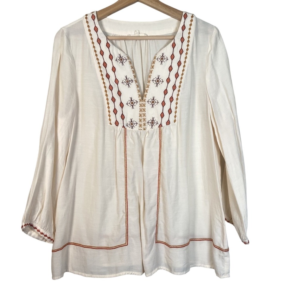 Anthropologie Current Air Top Size M Embroidered‎ Boho Festival Neutral Ivory